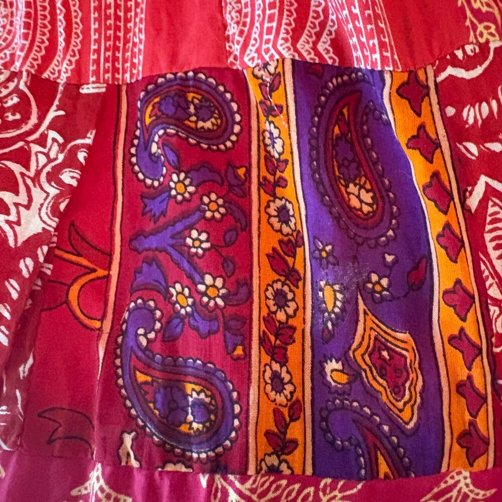 Henna Patchwork Red Maxi Skirt 100% Cotton Bohemian Hippie Flowy Floral Size L - Picture 3 of 10